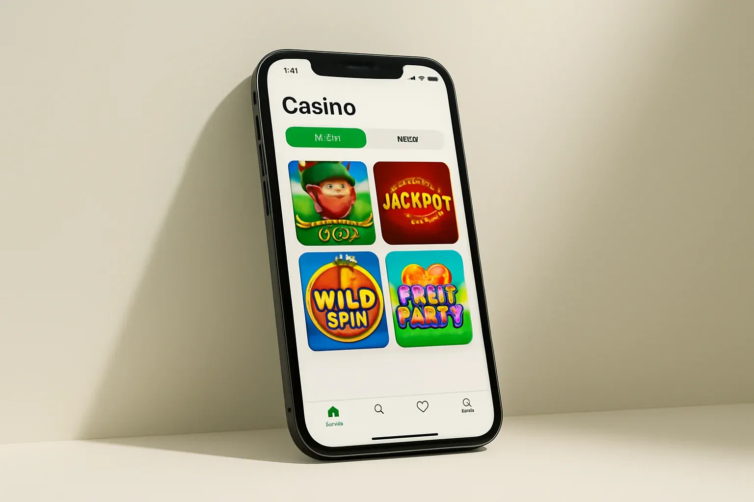 Casino App Smartphone Smartphone angled on cream background showing colorful casino app interface
