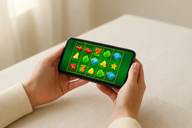 Woman's hands holding smartphone with casino game over cream linen