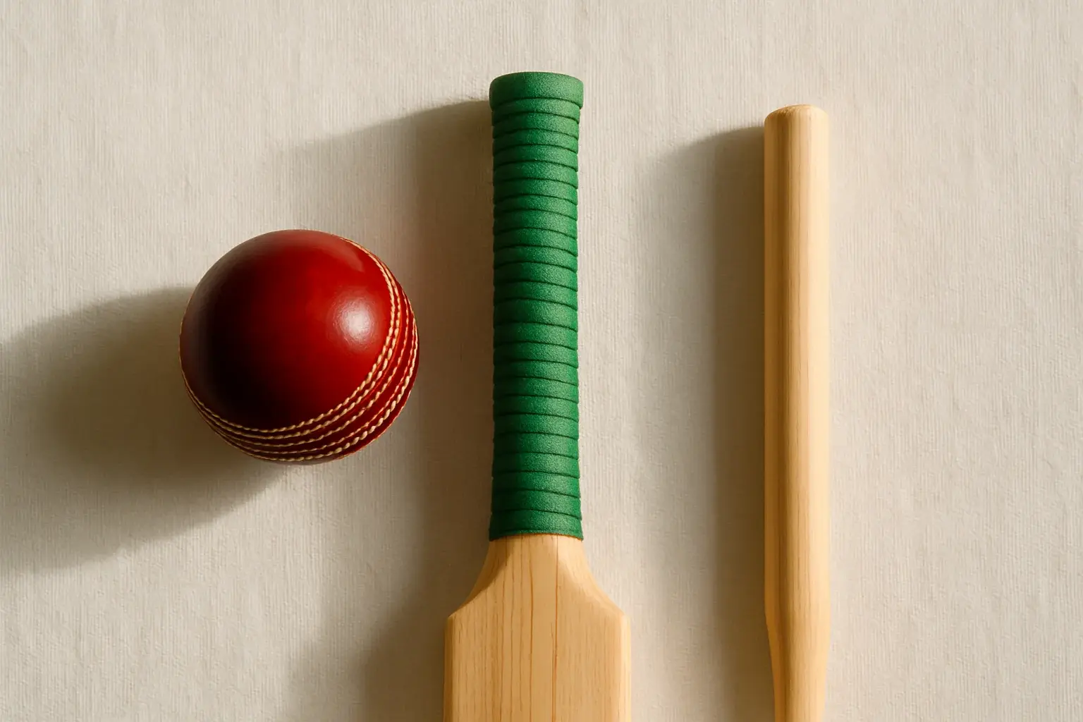 Cricket Gear Flat Lay Overhead flat lay of cricket ball, bat handle, and stump