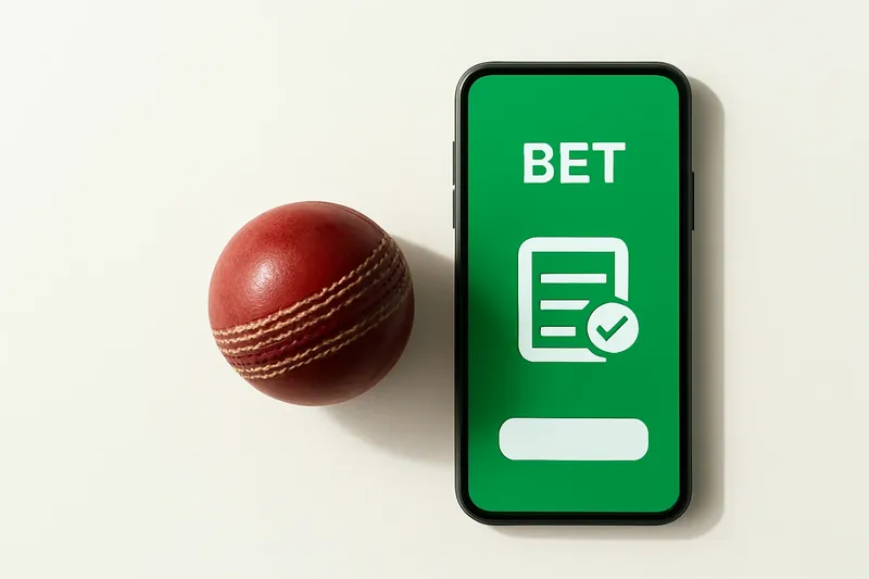 Smartphone with betting app beside cricket ball on white background