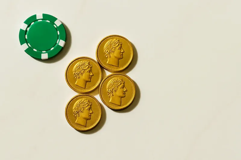 Five gold coins on cream marble with poker chip edge