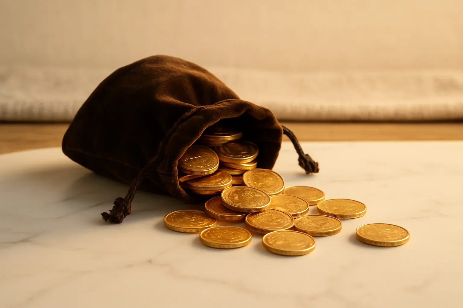 Golden coins spilling from velvet pouch on white marble surface