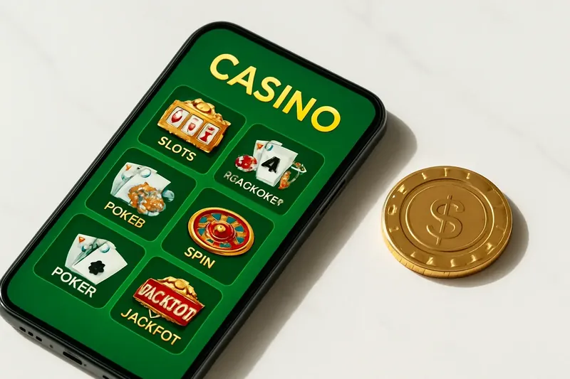 Smartphone on white marble showing colorful casino game lobby