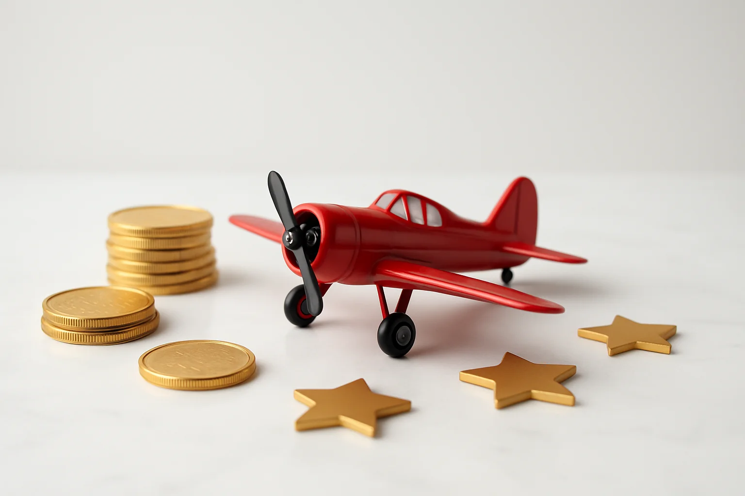 Miniature Red Airplane Miniature red airplane with gold coins and star tokens on marble
