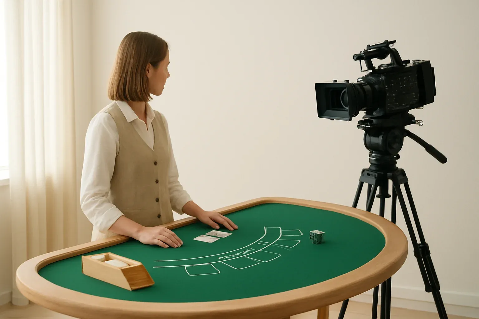 Live Casino Studio Professional blackjack dealer in live casino studio with camera rig