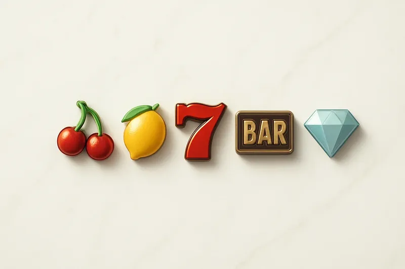 Five polished slot symbols in a neat row on white marble