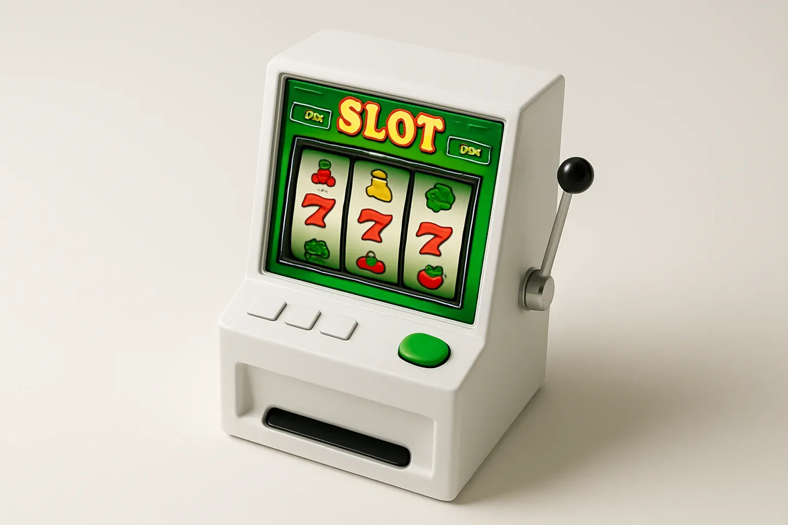 Studio Slot Terminal White studio shot of angled slot machine with vibrant game screen